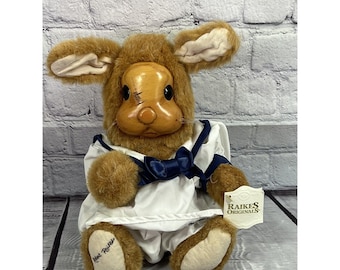 vtg Raikes Originals 'Betsy Anne Bunny' Wood Carved Face Plush collectable