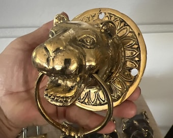 vtg Handmade Golden Brass Artizan Rams Head Door Knocker Door Bell