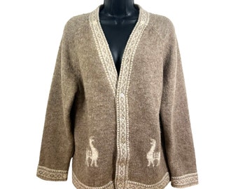 vtg 80's baby alpaca knit sweater cardigan sz L beige white