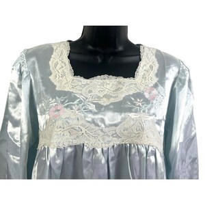 vintage Miss Elaine pale blue liquid mirror satin embroidered/lace nightgown M image 2