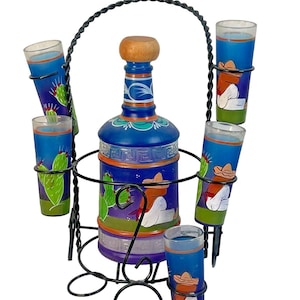 vintage Hand Painted Mexican Decanter Shot Service Set w/5  Blue Glasses barware