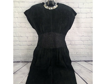 vtg 80's Lauren Alexander black pleated front sparkly waist suede dress size 10