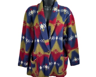 Vintage Womens Fleece Southwest Blanket Blazer Jacket Aztec Print Large Soft red