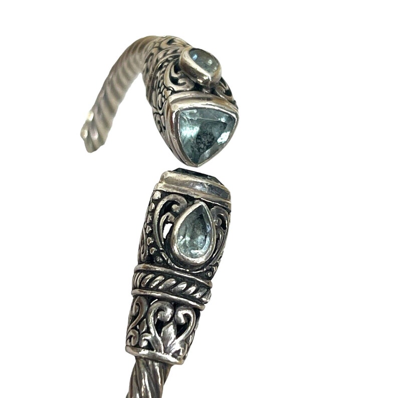 ATI 925 ID Sterling Silver Cuff Bracelet Twist Hinged Design w/ Blue Topaz 7/8 image 3