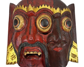 vtg Mask 3 Eyed Ravana Hand Carved Decor Wall  Wood Painted Balinese God