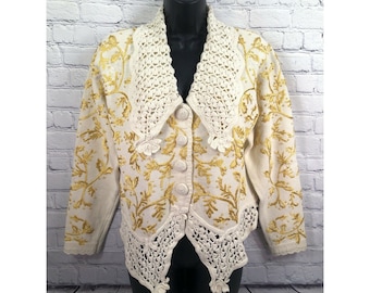 vtg express tricot crochet trim gold embroidered sweater cardigan sz xs