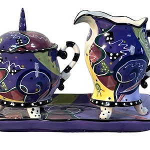 vtg Spiral hand hand painted creamer and sugar bowl set whimsy alice/wonderland