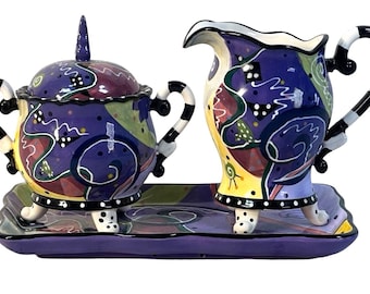 vtg Spiral hand hand painted creamer and sugar bowl set whimsy alice/wonderland