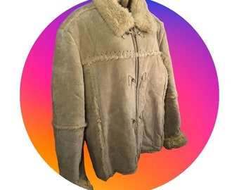 vtg ALDO punto frusta camoscio sherpa foderato cappotto/giacca beige/marrone chiaro donna sz L/G