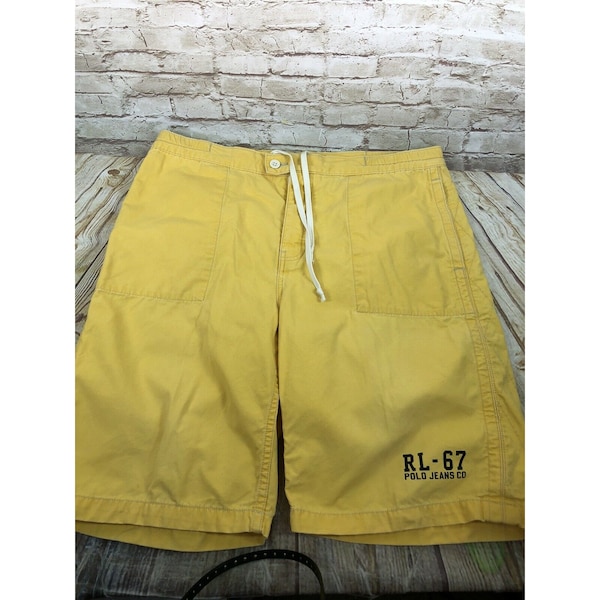 vtg Polo Jeans Co RL-67 black label mens boating sailin shorts sz LG yellow