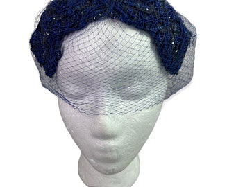 vtg 40's Clover Lane Sequin Mesh Hat Caplet Union Made in USA navy blue