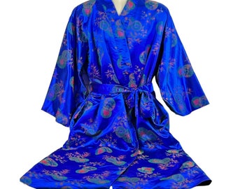 vtg asian oriental royal blue long silk robe kimono house coat unisex sz large