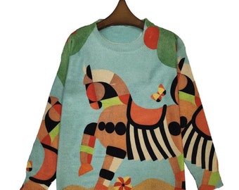 art to wear equestrian graphic print thin knit crewneck sweater oversized XL