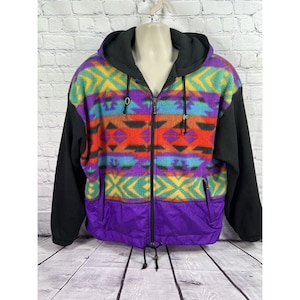 vtg 90s EAST WEST hooded windbreaker nylon fleece jacket aztec print sz m unisex