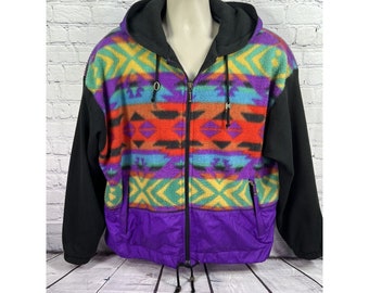 vtg 90s EAST WEST hooded windbreaker nylon fleece jacket aztec print sz m unisex