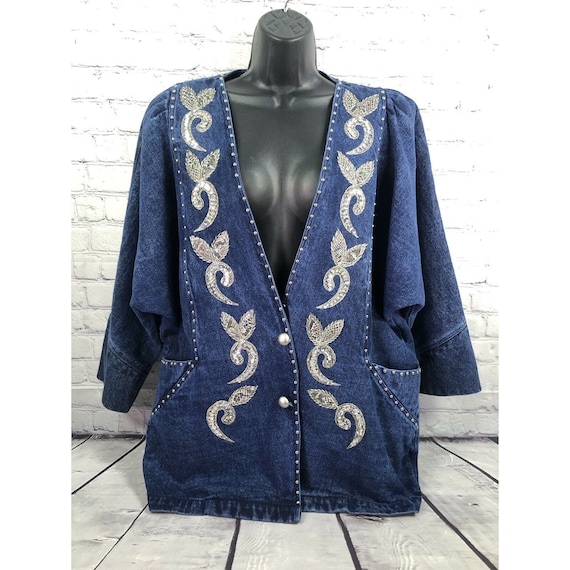 vtg 80's Ultra embellished batwing denim jacket s… - image 1