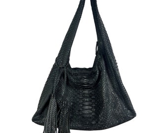 vtg INDO Skin Handbags genuine phyton slouchy hobo bag with tassels black grey