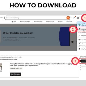 May include: Screenshot showing how to download files from Etsy. The steps are numbered, highlighting the profile icon, the "Purchases" section, and the "Download files" button. The text "HOW TO DOWNLOAD" is at the top.
