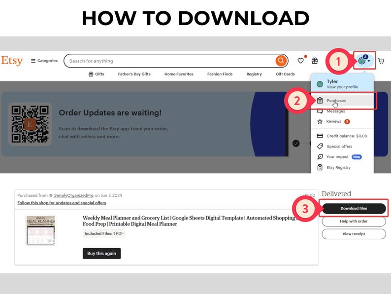 May include: Screenshot showing how to download files from Etsy. The steps are numbered, highlighting the profile icon, the "Purchases" section, and the "Download files" button. The text "HOW TO DOWNLOAD" is at the top.