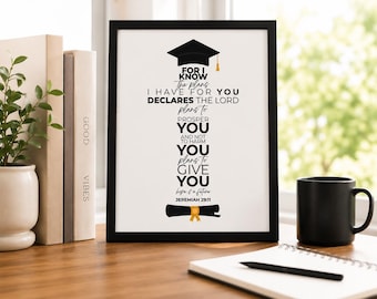 Christian Graduation Wall Art Printable, Jeremiah 29:11 Bible Verse, 6 Color Options