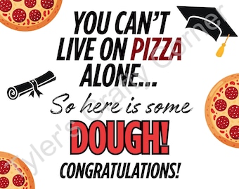 Regalo de graduación imprimible para dentro de una caja de pizza. No solo de pizza vives. Idea divertida para graduados. Gorra negra con borla dorada. Descarga digital.