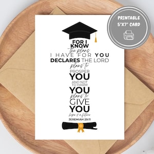 May include: A white 5"x7" printable card with a graduation cap and scroll illustration. The card features the text "For I know the plans I have for you declares the Lord plans to prosper you and not to harm you plans to give you hope & a future Jeremiah 29:11."