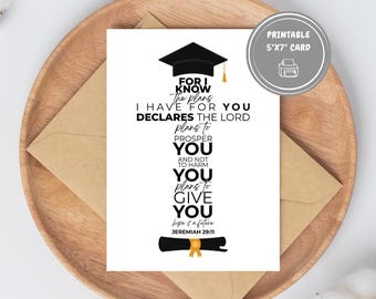 Christian Graduation Card Printable, Jeremiah 29:11 Bible Verse, 6 Color Options, Instant Download, Religious Grad Gift