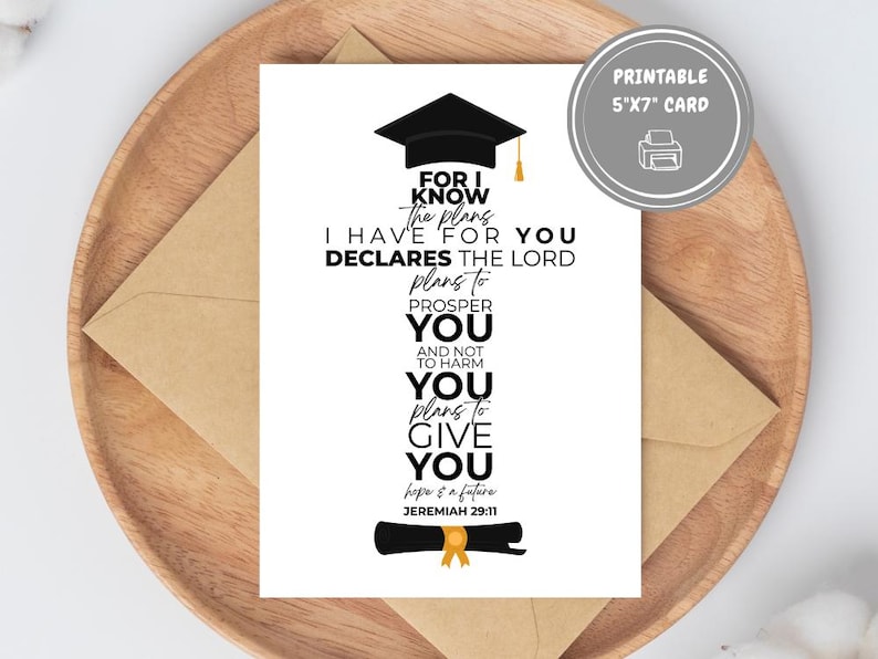 May include: A white 5"x7" printable card with a graduation cap and scroll illustration. The card features the text "For I know the plans I have for you declares the Lord plans to prosper you and not to harm you plans to give you hope & a future Jeremiah 29:11."