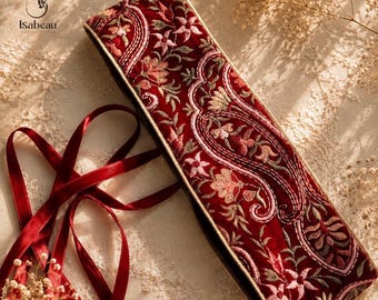 Cintura da vita bordeaux ricamata a mano | Cintura obi in velluto floreale | Cintura avvolgente regolabile | Elegante cintura da donna