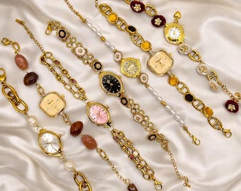 Montre bracelet bijoux femme - vintage watche – bracelet montre acier & bouton rétro chic - cadeau unique - montre femmes - acier inoxydable