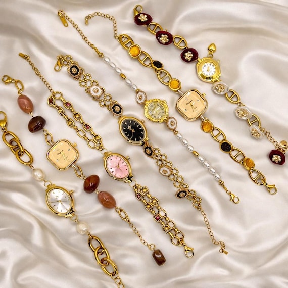 Montre bracelet bijoux femme - vintage watche – bracelet montre acier & bouton rétro chic - cadeau unique - montre femmes - acier inoxydable