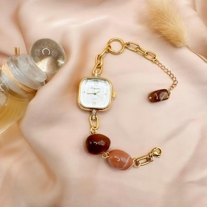 Women's Jewelry Wristwatch - Vintage Watche - Steel Bracelet & Retro Chic Button - Unique Gift - Women's Watch - Stainless Steel Ambre