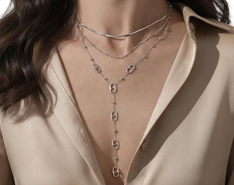 Silver tie necklace - Lasso necklace - Stainless steel Y-necklace - Marine chain necklace - Elegant necklace - Women's fine jewelry