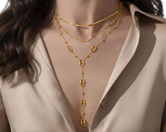 Gold tie necklace - Marine Y necklace - Lasso necklace - Stainless steel - Marine chain necklace - Elegant necklace - Women's fine jewelry