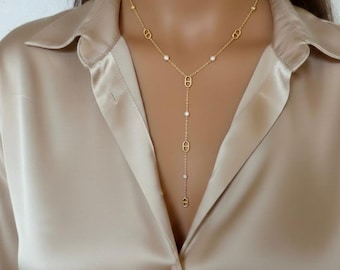Maille marine Gold Lariat Necklace  Dainty Y Necklace Stainless Steel  Mariner Link Chain Collier Cravate Doré  Gift for Her