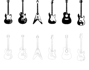 Gitarren-Bundle - 4 E-Gitarren, 1 Akkustik, 1 Bass | Digitales Clip-Art-Set | Svg, Pdf, Png, Jpg, Eps