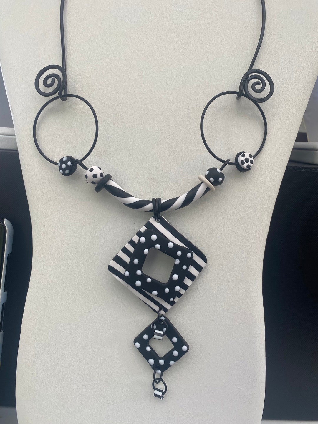Black and White Polymer Clay and Wire Square Necklace Etsy