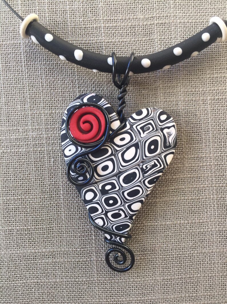 Black and white polymer clay wire wrapped heart image 1