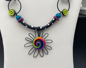 polymer clay and wire rainbow daisy necklace