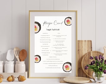 Printable Sushi Recipe Card - Simple Sushi Roll Illustration - Perfect for Cookbooks & Kitchen Decor