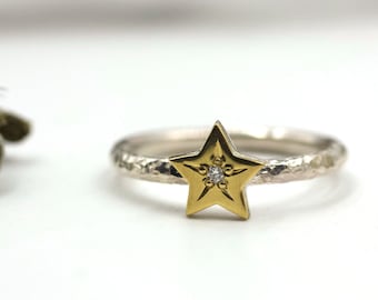 Luxe Star Stacking Ring with Star Set Diamond 18 Karat Gold and Sterling Silver
