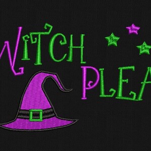 Op de afbeelding: Groen en paars geborduurd ontwerp op een zwarte achtergrond. Het ontwerp zegt "Witch Please" met een heksenhoed en sterren.