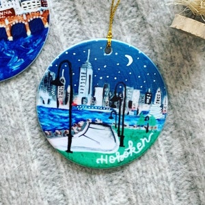 Hoboken NJ Maxwell Place Park and NYC skyline porcelain ornament with hand written personalization