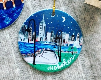 Hoboken NJ Maxwell Place Park and NYC skyline porcelain ornament with hand written personalization