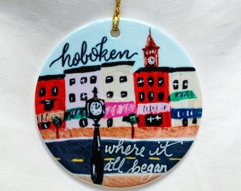 Ornement en porcelaine Hoboken NJ Washington Street avec personnalisation manuscrite