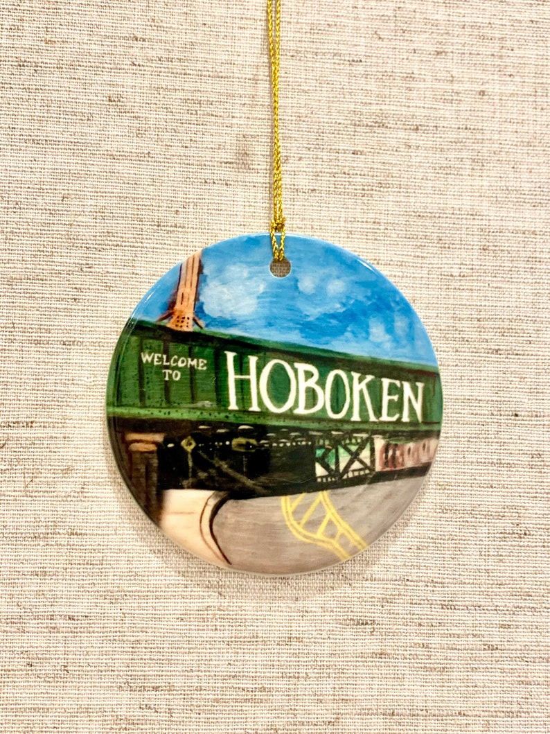 Hoboken NJ train overpass porcelain ornament with optional hand written personalization image 1