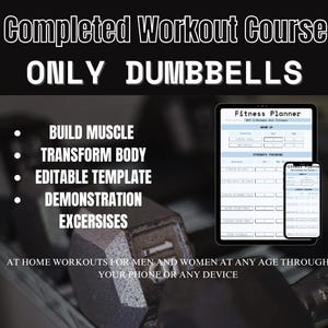Puede incluir: Imagen que promociona un curso de entrenamiento. El texto dice "Curso de entrenamiento completo SOLO MANCUERNAS". Viñetas resaltan características: Construir músculo, Transformar el cuerpo, Plantilla editable, Ejercicios de demostración. Una tableta y un teléfono muestran un planificador de fitness.
