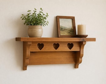 Vintage Wooden Shelf with Heart Cutouts | Cottage Folk Art Display Ledge