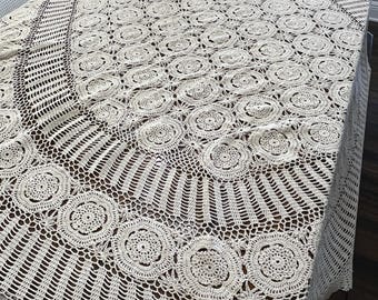 Coperta o tovaglia vintage in cotone lavorata all'uncinetto – Copriletto in pizzo con medaglione floreale (213 x 165 cm)