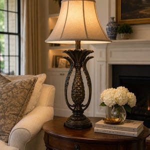 May include: A bronze pineapple-shaped table lamp with a beige lampshade sits on a dark wooden side table. The lamp is next to a white sofa and a vase of white flowers. Two books are stacked on the table.